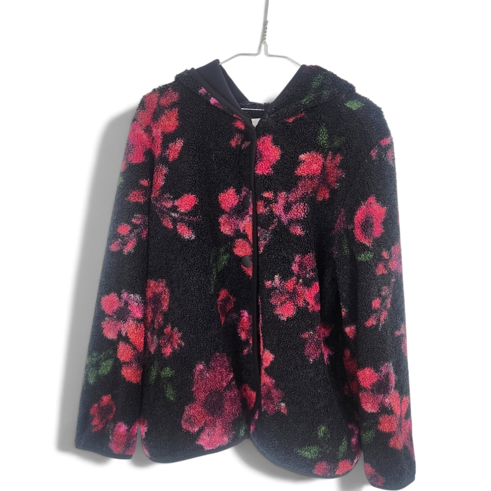Susan Graver Weekend Knit Boucle Floral Hooded Jacket Black Red Pink A711481